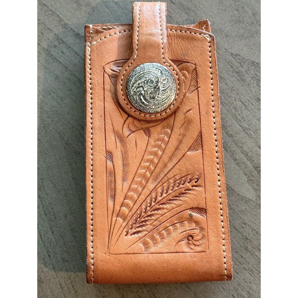 Hand-Tooled Tan Leather Crossbody Phone Bag with Western Concho